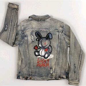 BKYS "Lucky Charm" Embroidered Jean‎ Jacket - Men's Large Blue Denim Distressed